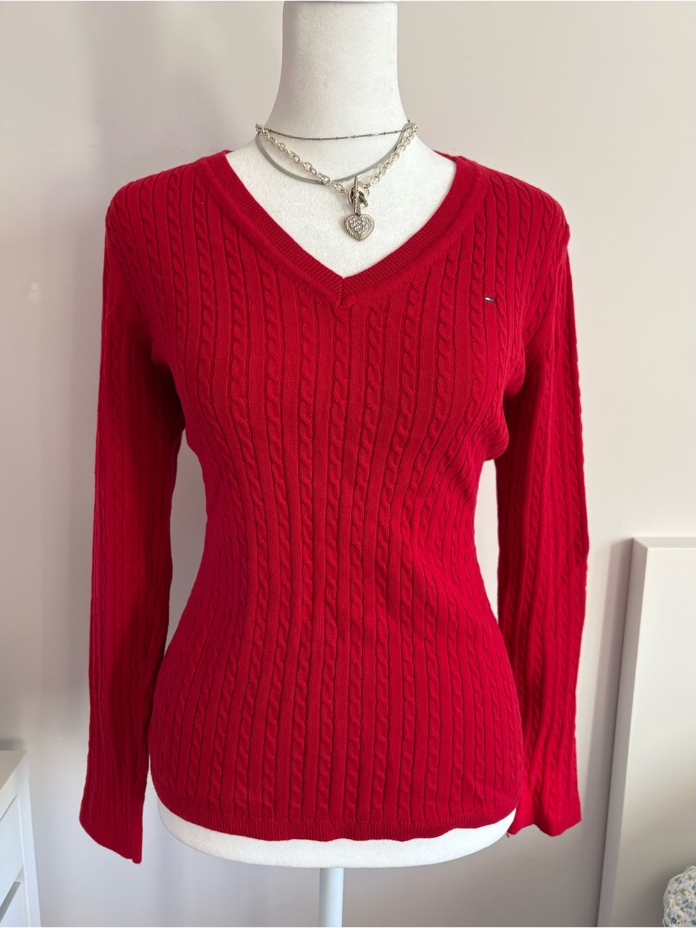 Tommy Hilfiger Red Cable-Knit V-Neck Sweater